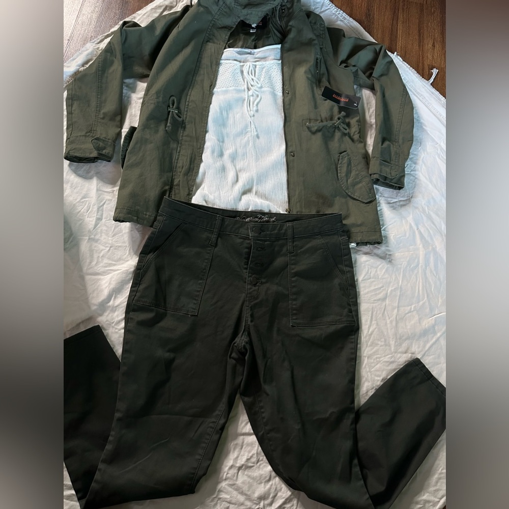 Ambiance jacket nwt,olive jeans and beige cardigan.